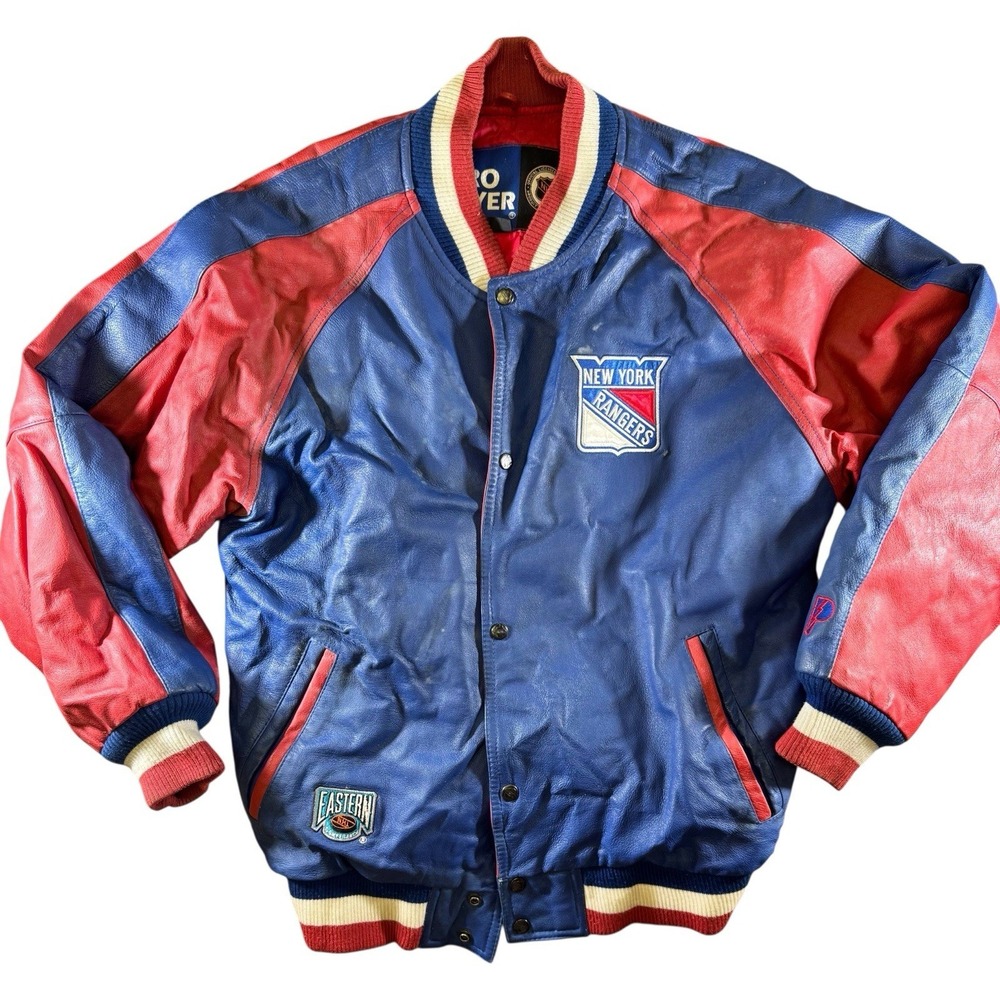 Vintage 90s Pro Player New York Rangers NHL Genuine Leather Bomber Jacket M